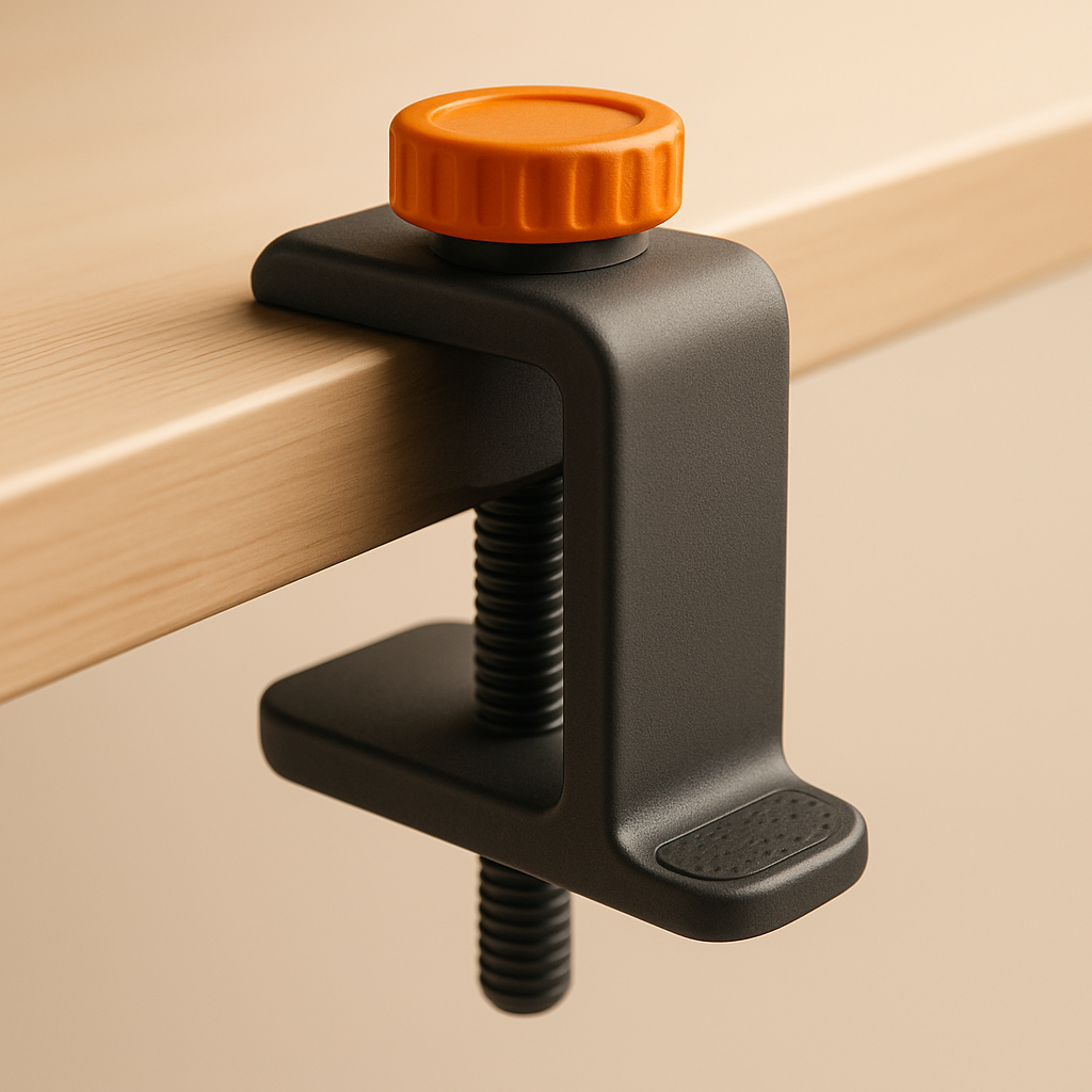 Close-up render of the CupHolderMaxi universal clamp gripping a desk edge
